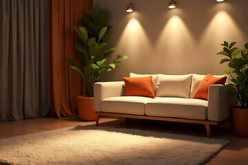 Cozy living room sofa arrangement with plants and lighting modern home indoor design relaxing