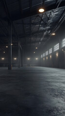 Vast Empty Warehouse Interior with Industrial Lighting and Concrete Flooring