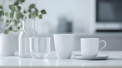 Fototapeta premium White And Clear Glassware Set On A Marble Table