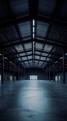 Obraz premium Vast Empty Warehouse Space Featuring Industrial Lighting and Polished Concrete Floors