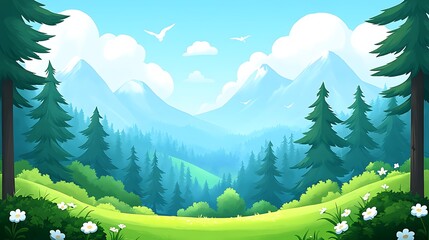 Fototapeta premium Serene mountain landscape with lush green forest and meadow.