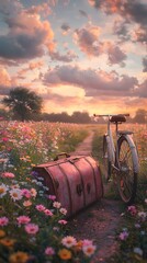 Obraz premium Sunset Bike Ride for Flower Field Journey.