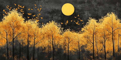 A golden moon shines over a forest of autumn trees as birds fly through the dark night sky