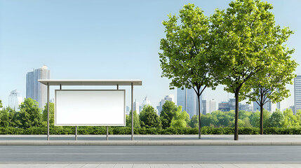 Blank White Billboard on City Street with Green Trees and Blue Sky Daytime Advertising Sign