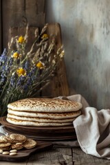 Obraz premium Freshly Baked Artisanal Loaves Arranged Artfully on Wooden Platter Tabletop