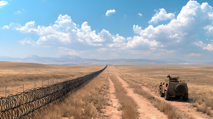 Naklejka premium Armored Vehicle Driving Along A Dirt Road In Desert Landscape Under Blue Sky With White Clouds