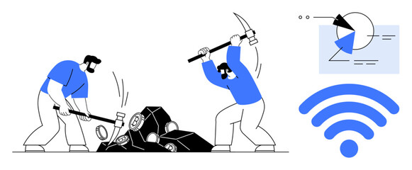 Men using pickaxe and sledgehammer break data blocks, accompanied by analytical chart and wireless signal. Ideal for data mining, analysis, teamwork, connectivity, technology, communication, flat