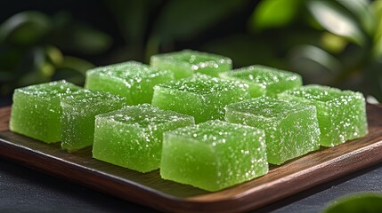 Vibrant green squares of gelatin dessert arranged neatly on a wooden platter in a serene setting filled with greenery