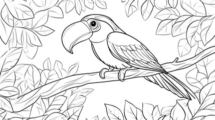 Naklejka premium Toucan perched on branch in lush rainforest, coloring book page