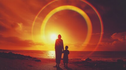 Fototapeta premium Silhouette of Mother and Child Embracing During Vibrant Sunset at Ocean Shore