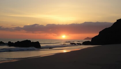 A serene beach at sunset, capturing the tranquil beauty of nature's transition.