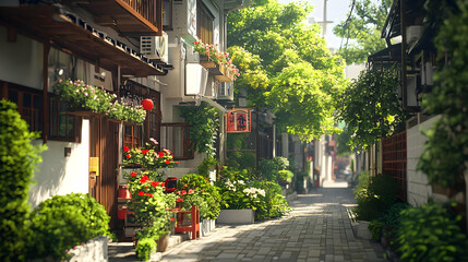 Fototapeta premium Charming Alleyway Scene with Lush Greenery Flowers Wooden Structures and Cobblestone Pathway during Daytime