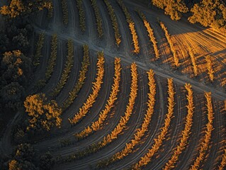 Vineyard rows at golden hour with warm hues and negative space on left