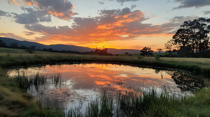 Obraz premium A breathtaking sunset reflecting off a calm pond surrounded by fields, creating a mirror image of the sky.