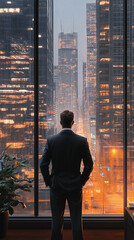 Plakat A businessman stands at a window overlooking a brightly lit cityscape at night