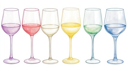 Colorful wine glasses, row, white background, drink menu, beverage