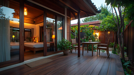 Fototapeta premium Modern House Exterior With Wooden Deck And Terrace View At Night Illuminated By Warm Lights Showcasing Nature And Architecture