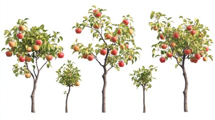 Fototapeta premium Apple trees of various sizes, orchard, harvest, growth stages, isolated white background, for design use