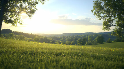 Fototapeta premium Golden Sunset Illuminates Green Meadow with Trees and a Distant Landscape