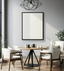 Modern minimalist dining area with blank poster, wooden table, and white chairs.