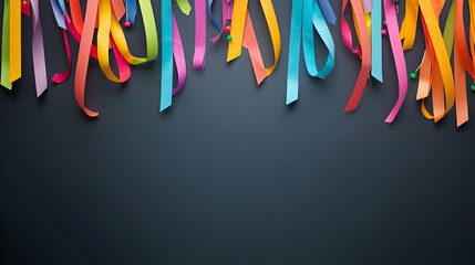 Colorful Ribbons Hanging Against A Dark Background For Festive Decoration And Party Celebration