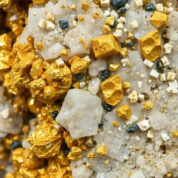 Gold antimony ore texture close-up. Contains quartz, sericite, carbonate, pyrite, antimonite, arsenopyrite and gold. Siberian deposit. Mineral stone surface background.