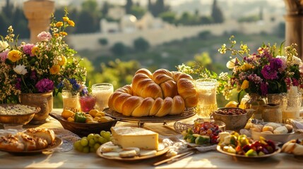 Naklejka premium Vibrant Still Life Of Fresh Flowers And Delicious Culinary Creations On Wooden Tabletop