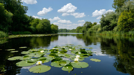 Serene River Landscape Featuring Lily Pads and Lush Green Trees Under a Bright Blue Cloudy Sky