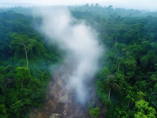 Waterfall in dense jungle with a misty atmosphere and negative space
