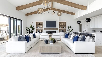 Modern coastal living room with white sofas, wood beams, and ocean view.
