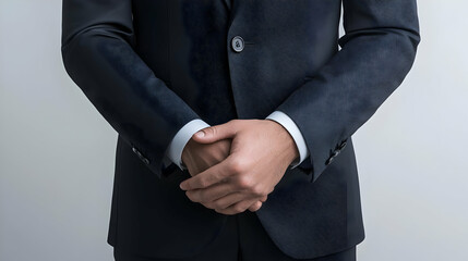 Obraz premium Man In Dark Navy Blue Suit With Hands Clasped