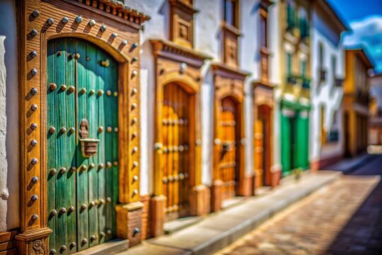 Charming Tilt-Shift Photo of Traditional Spanish Wooden Doors in Don Benito, Extremadura