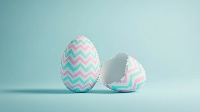 Two decorated eggs one whole and one partially cracked