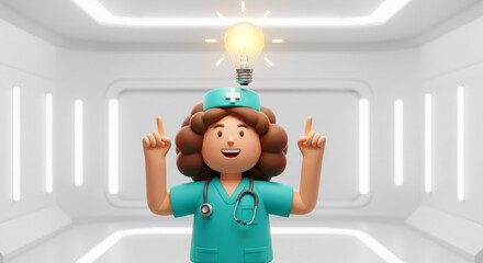 A cheerful cartoon nurse experiencing a brilliant medical breakthrough in a bright, minimalist lab setting.