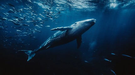 Obraz premium Majestic whale swims in the deep blue sea with a school of fish nearby
