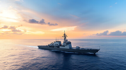 Fototapeta premium Military Warship At Sunset Over The Ocean