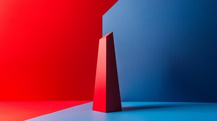 Minimalist geometric composition featuring a red obelisk against blue and red planes