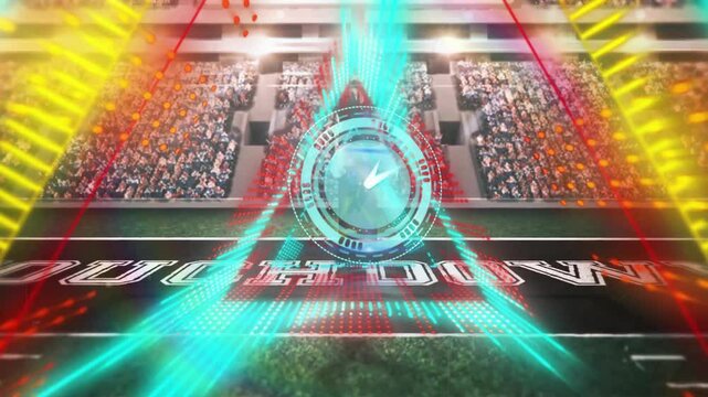 Touchdown text with vibrant digital animation over football field and cheering crowd