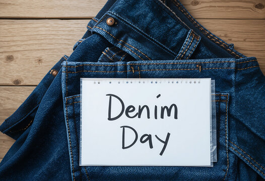 Celebrating denim day with stylish blue jeans and a handwritten message on a rustic wooden table