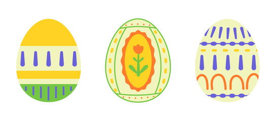 Flat vector illustration of three Easter eggs with vibrant decorative patterns in spring color palette. Ideal for greeting cards, printables, and seasonal designs