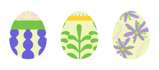 Flat vector illustration of three Easter eggs with botanical and abstract decorative elements. Bright pastel colors for seasonal printables, digital art, and invitations