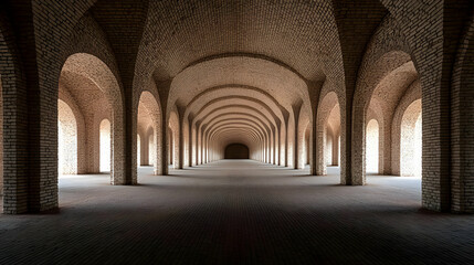 Obraz premium Perspective View of a Long Hallway with Arched Ceilings Columns and Geometric Brick Patterns
