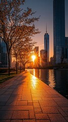 Obraz premium A stunning sunset reflecting on city buildings and waterside path