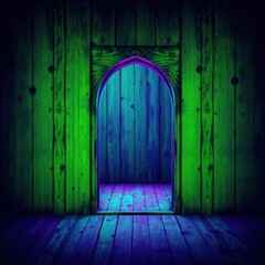 Green grunge background with violet frame. Abstract color art vintage background. Toned texture of old wood. Web banner. Wide. Panoramic. For design. Horror, fantasy, mystery, portal.