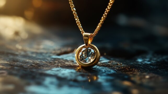 Close-Up of Elegant Gold Pendant Necklace with Gemstone and Sparkling Reflection on Wood