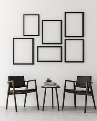 Modern minimalist interior with empty frames, chairs, and a small table.