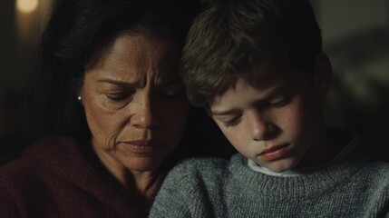Obraz premium Emotional Moment Between Mother and Son Sharing Intimacy and Support in a Warm Environment