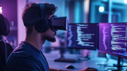 Man using virtual reality headset in a technology focused workspace
