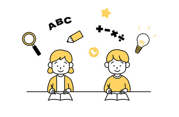 勉強している男の子・女の子のベクターイラスト 子供 算数 英語 ひらめき 発見 鉛筆 虫眼鏡 電球