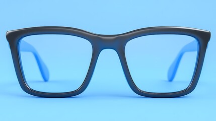Black framed glasses with light blue arms on a blue background.
